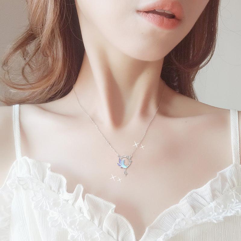 Moon Star Necklace Sterling Silver Small Artistic Cold Enamel Friend Gift - Trendha