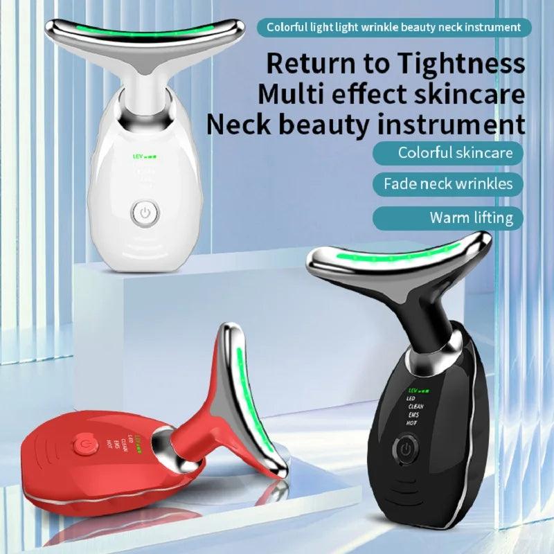 Neck Face Beauty Device Colorful LED Photon Therapy Skin Tighten Reduce Double Chin Anti Wrinkle Remove Lifting Massager - Trendha