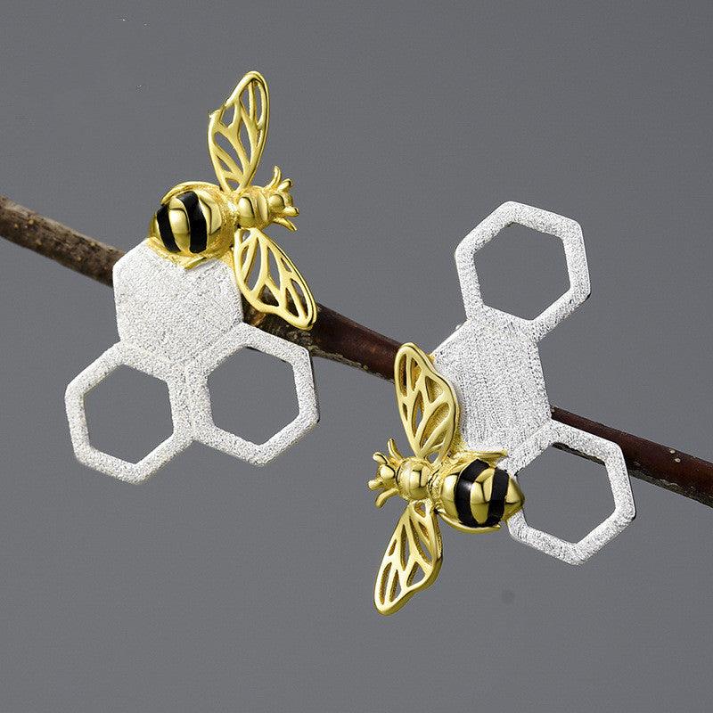 New Beehive Ear Studs Sterling Silver Female Art Handmade Bee - Trendha