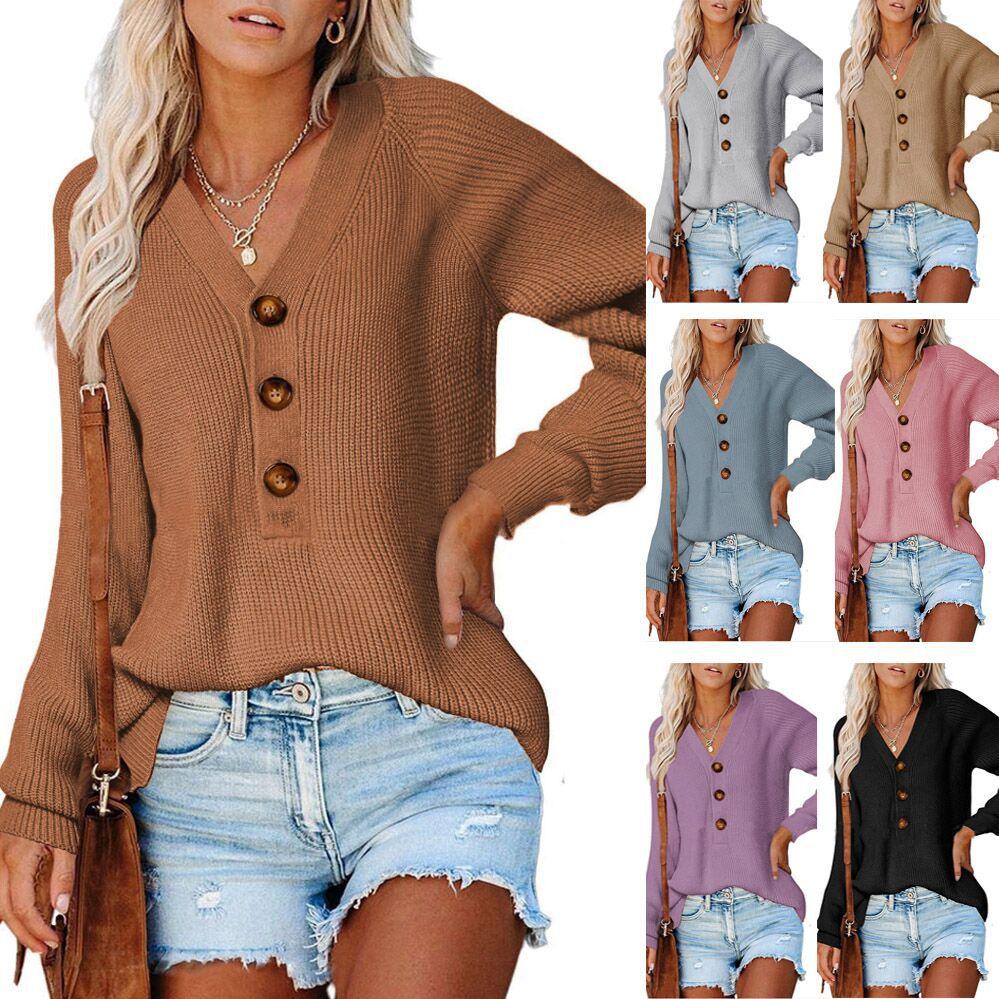 New Button New Knitted V-neck Sweater Women - Trendha