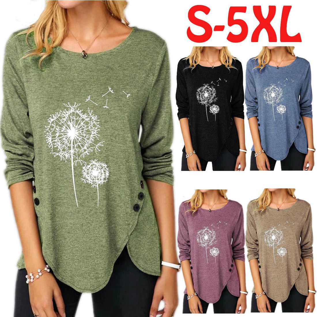 New Irregular Button Long Sleeve Round Neck Women's Printed Wear T-shirt