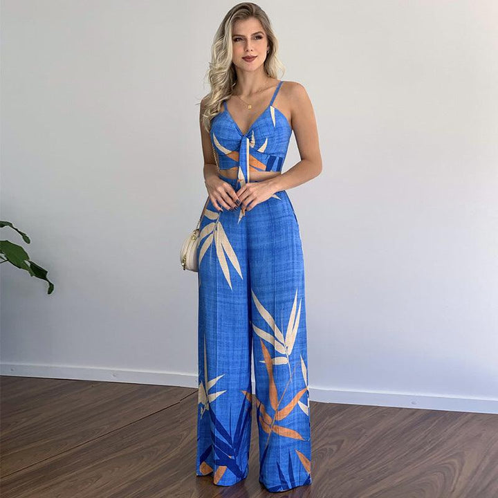 New Linen V-neck Short Vest High Waist Print Wide Leg Pants Two-piece Set - Trendha