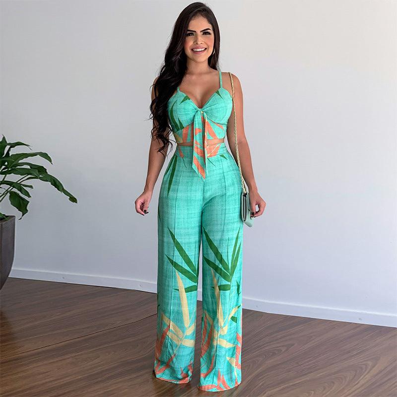 New Linen V-neck Short Vest High Waist Print Wide Leg Pants Two-piece Set - Trendha