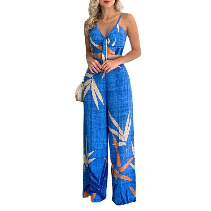 New Linen V-neck Short Vest High Waist Print Wide Leg Pants Two-piece Set - Trendha