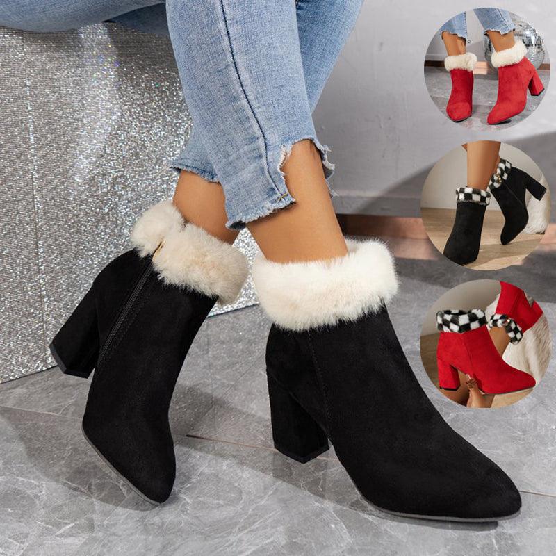 Pointed-Toe Boots with Plush or Plaid Cuffs