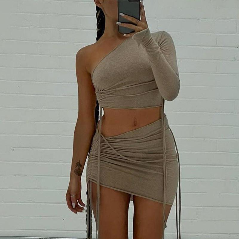 One Shoulder Midriff-baring Top Side Drawstring Skirt Suit - Trendha