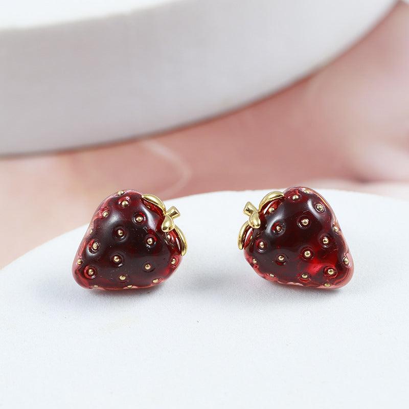 Red Resin Stereo Strawberry Stud For Girls - Trendha