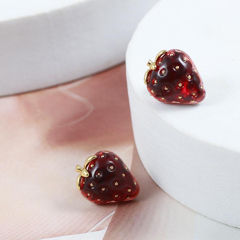 Red Resin Stereo Strawberry Stud For Girls - Trendha
