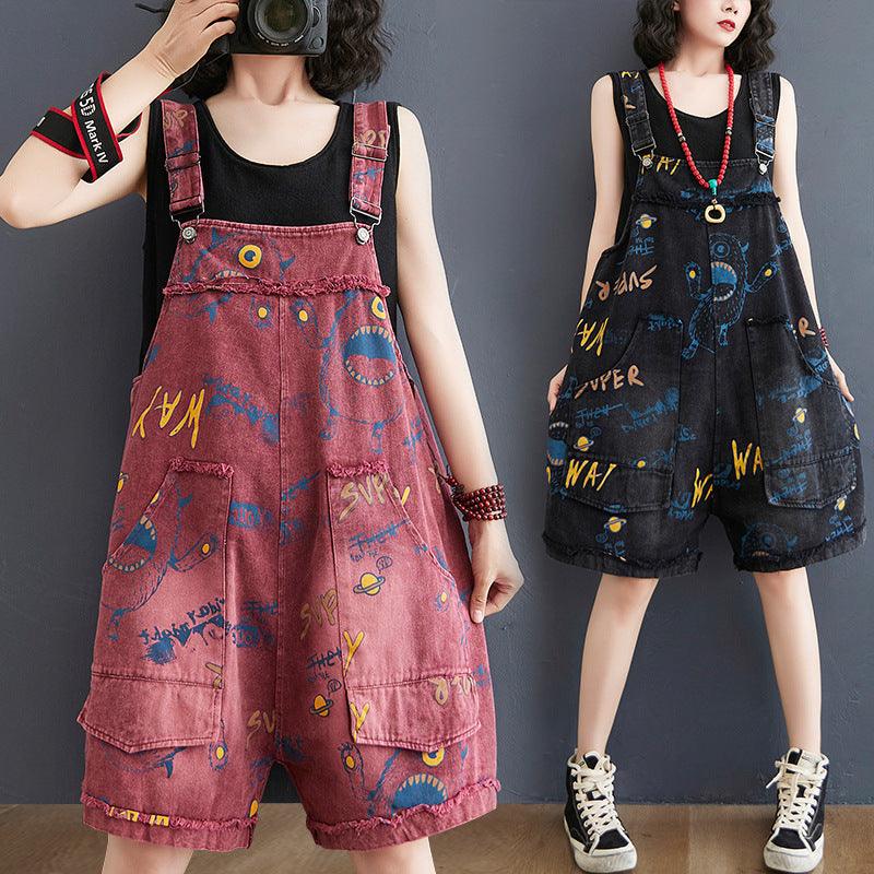 Retro Fashion Print Loose Denim Strap Shorts For Women - Trendha
