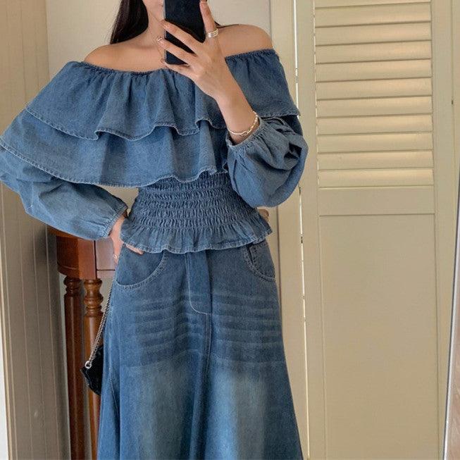 Retro Off-shoulder Waist-controlled Top Large Swing Denim Skirt - Trendha