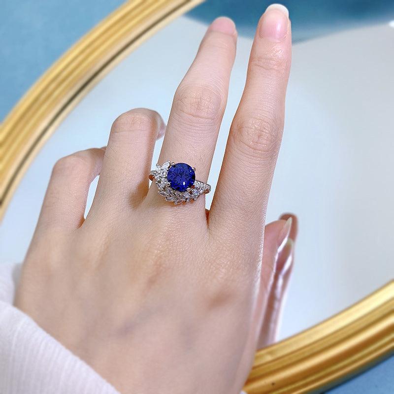 S925 Silver Blue Treasure 8mm Round Diamond Ring - Trendha