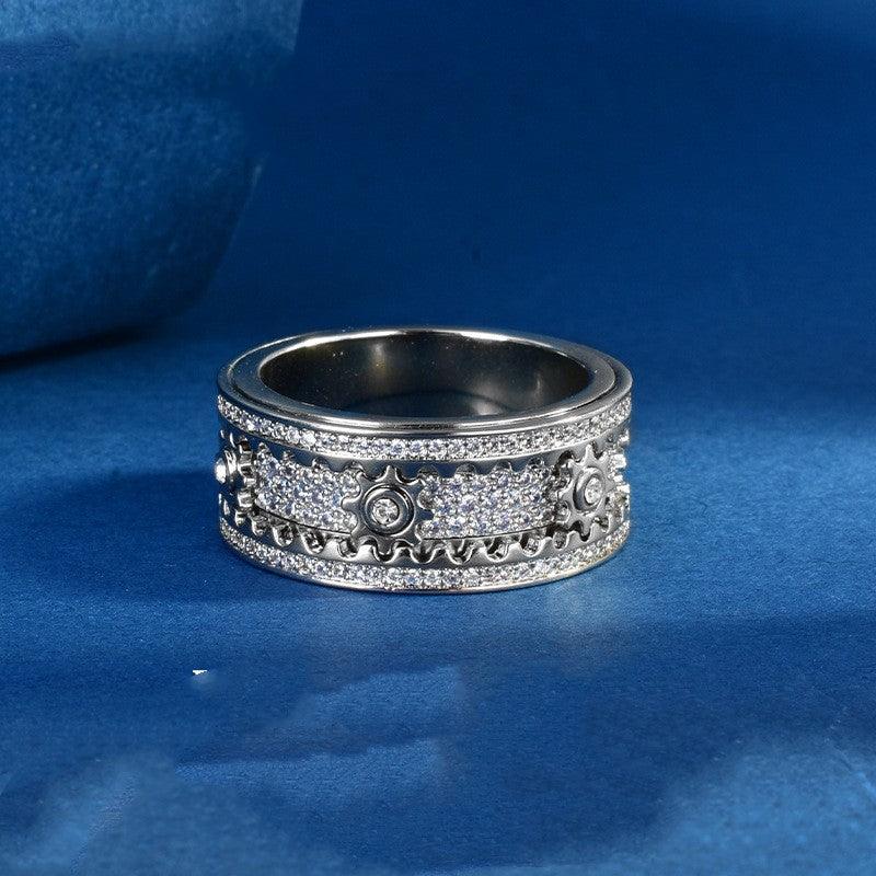S925 Sterling Silver CNC Gear Full Diamond Rotating Ring - Trendha