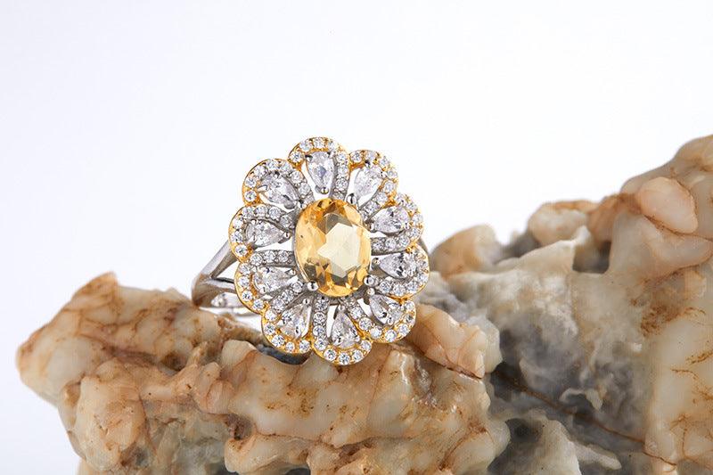 S925 Sterling Silver Inlaid Natural Citrine Flower Ring - Trendha