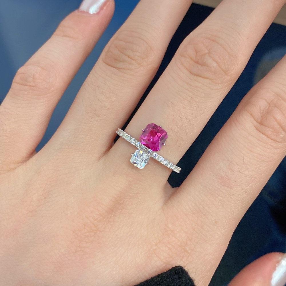 S925 Sterling Silver Women's Rose Red Square Zircon Ring - Trendha