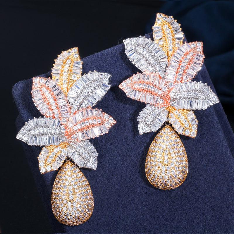 Silver Needle Gradient Cubic Zirconia Three-Color Electroplated Stud Earrings - Trendha