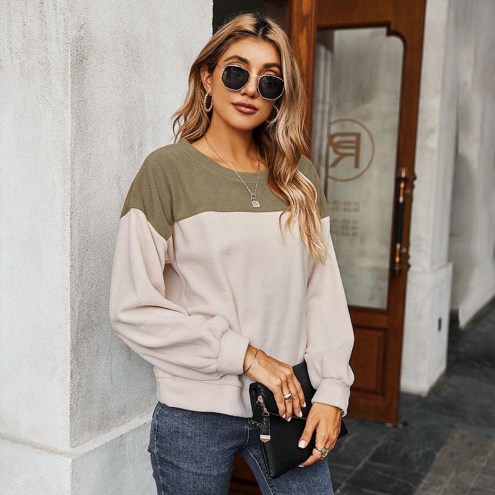 Simple Color Contrast Sweater Long-sleeved T-shirt For Women - Trendha