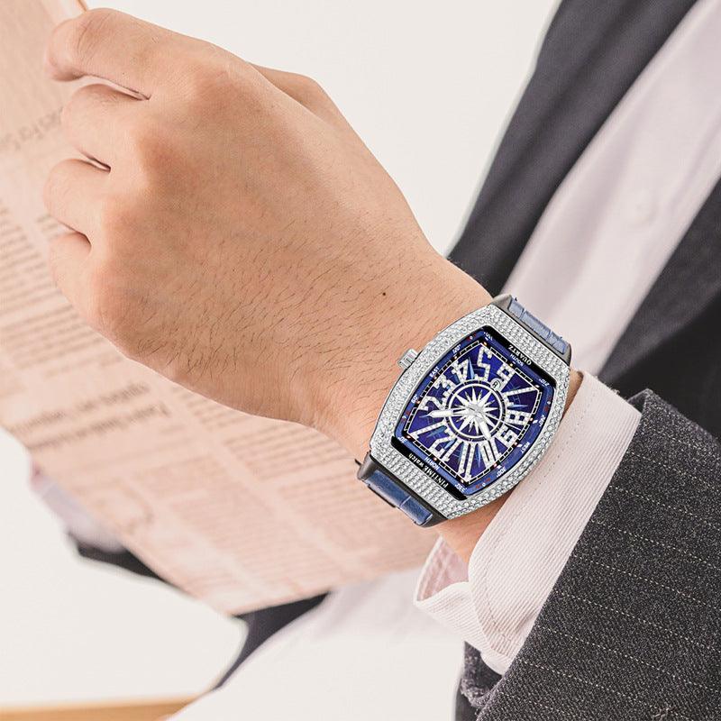 Barrel-Dial Quartz Watch with Leather Strap