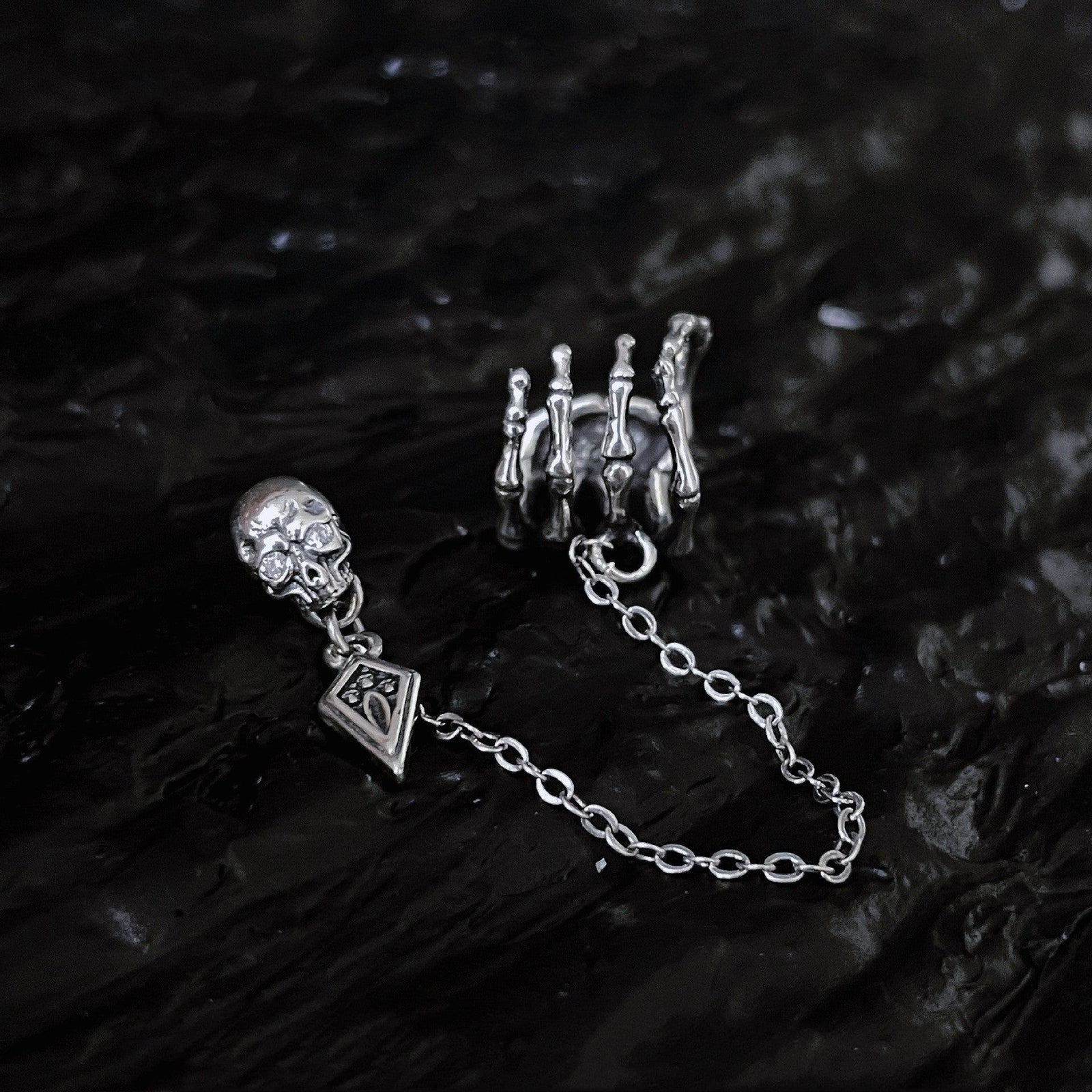Single Silver Ghost Hand Skull Stud Earrings - Trendha