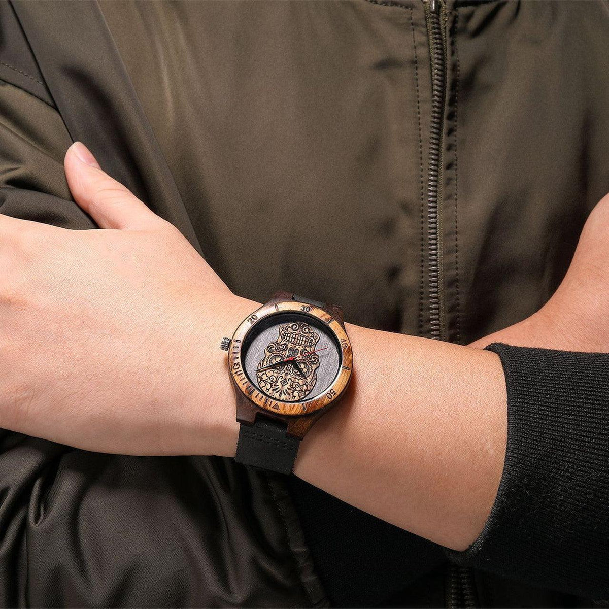 Skull Wooden Watch Quartz Scale Double Color - Trendha
