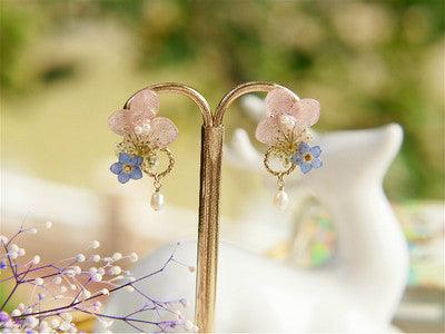 Small Flower Frame Hydrangea Forget-me-not Pearl Style Sterling Silver Earrings - Trendha