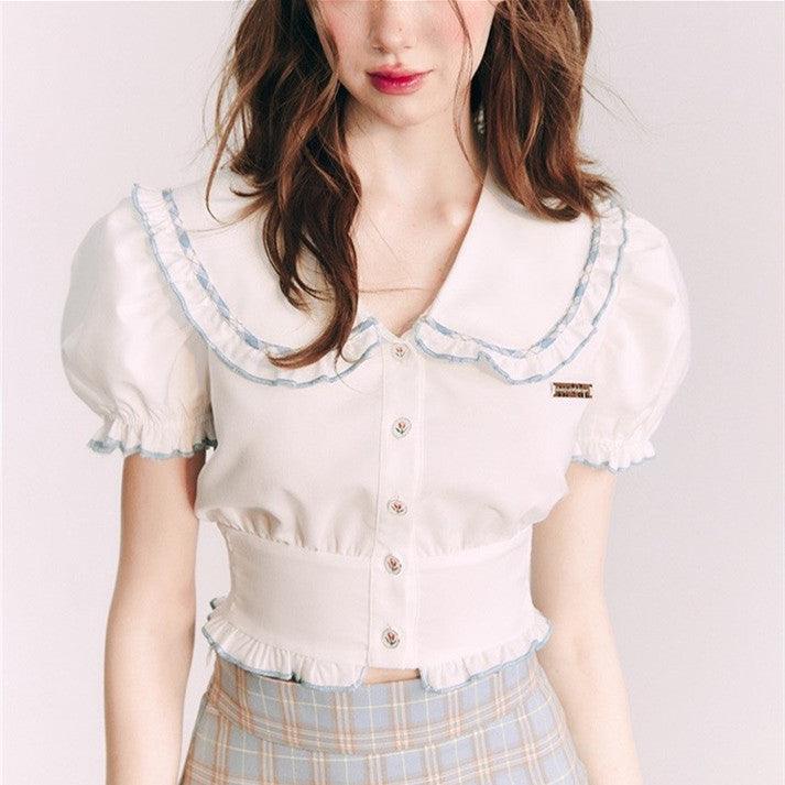 Small Shirt Puff Sleeve Navy Style French Style Peter Pan Collar Short Sleeve - Trendha