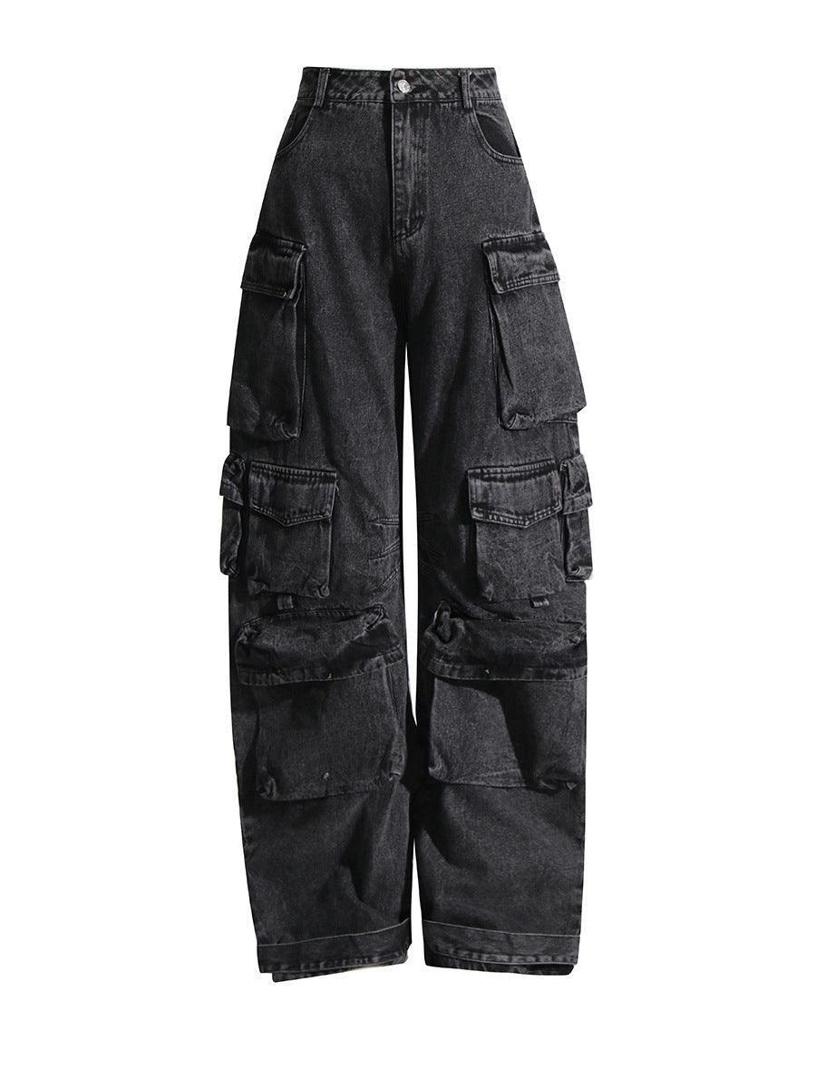 Solid Color Distressed Stitching Multi-pocket Cargo Pants - Trendha