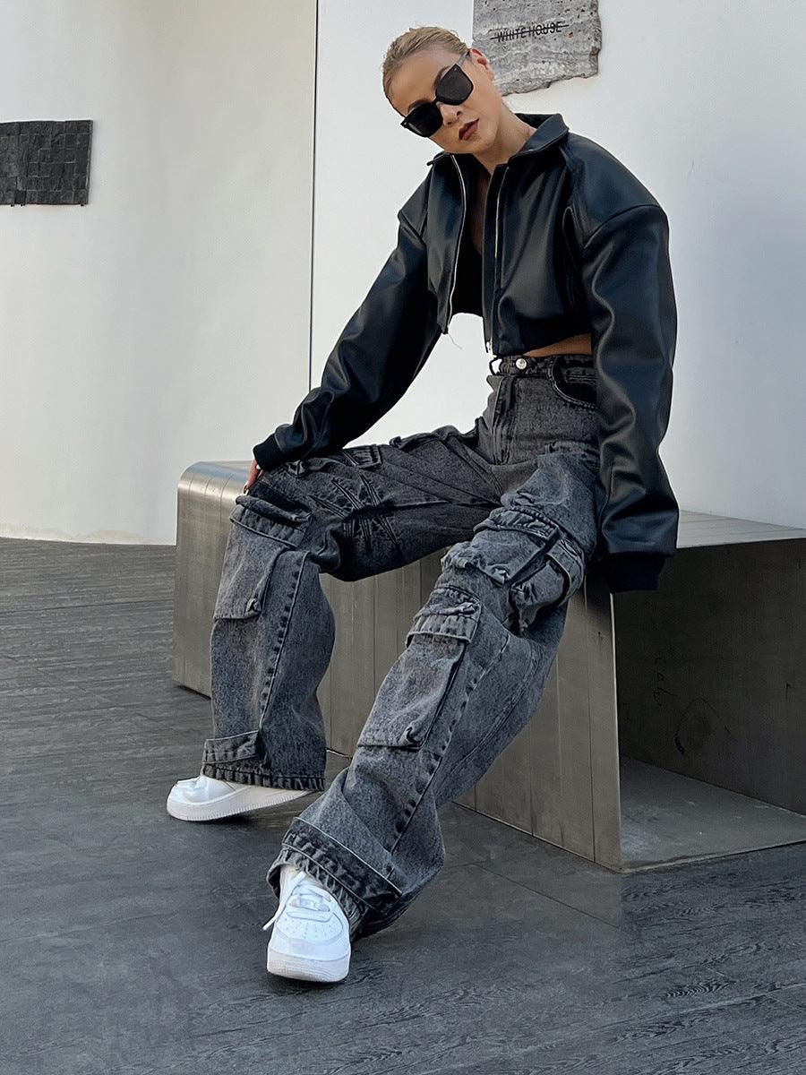 Solid Color Distressed Stitching Multi-pocket Cargo Pants - Trendha