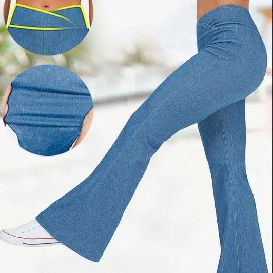 Solid Color High Waist Cross Stretch Denim Casual Sports Bell-bottom Pants - Trendha