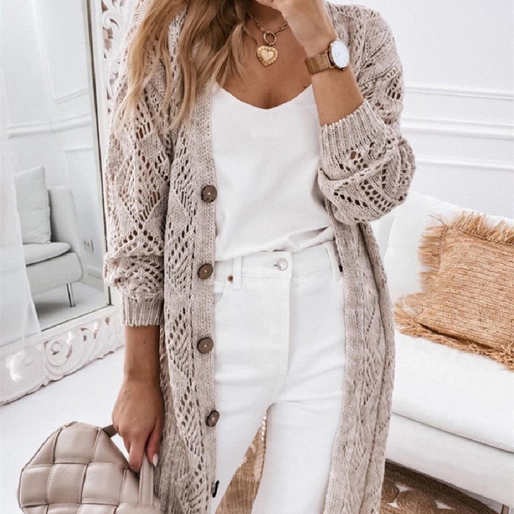 Solid Color Long-sleeved Sweater Women's Hollow-out Long Cardigan - Trendha