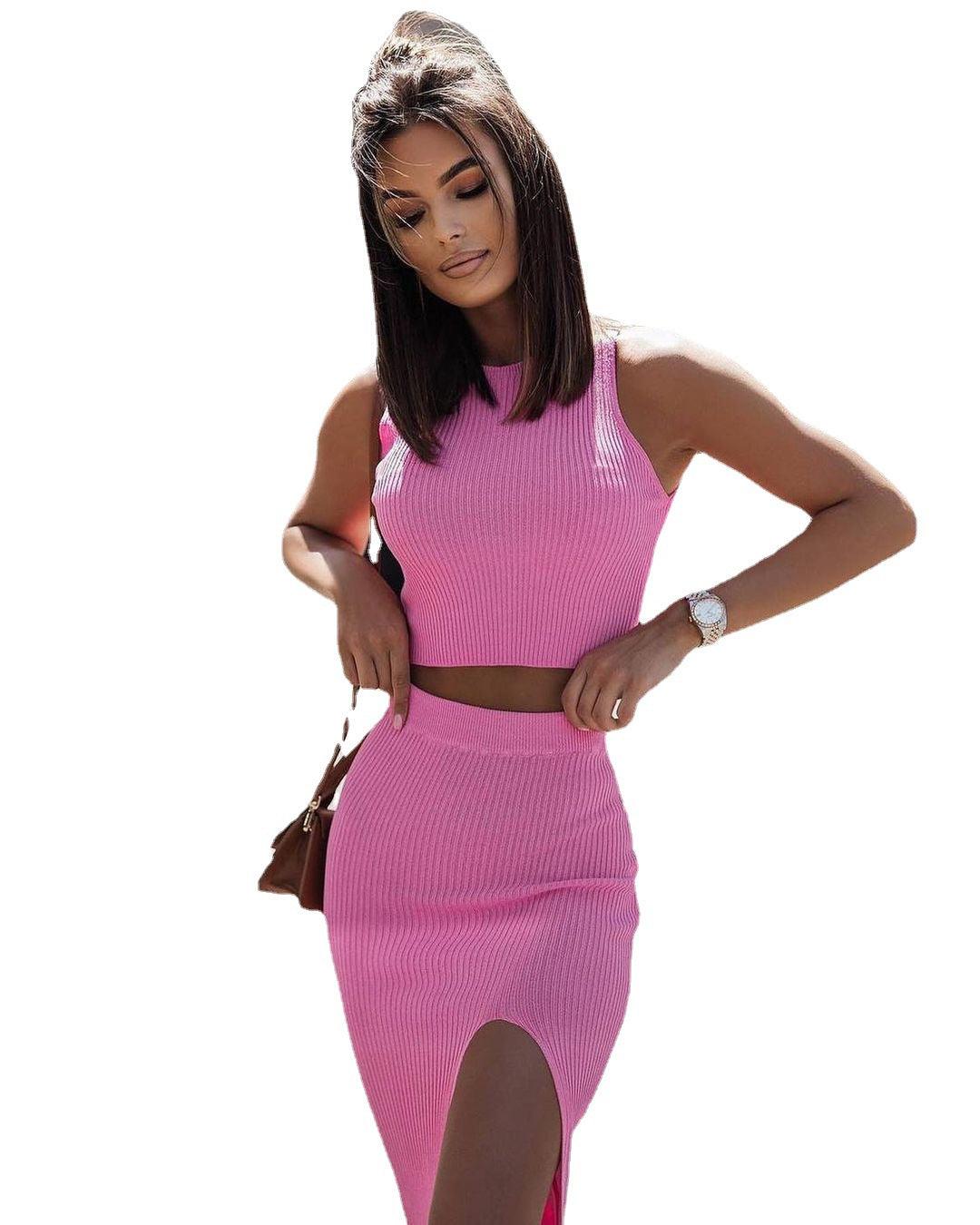 Solid Color Round Neck Vest Side Open Skirt Suit Ladies - Trendha