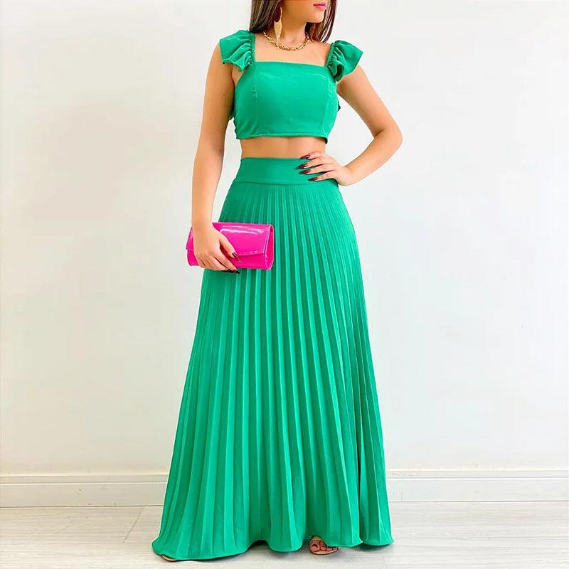 Solid Color Short Vest High Waist Pleated Long Skirt Casual Suit - Trendha