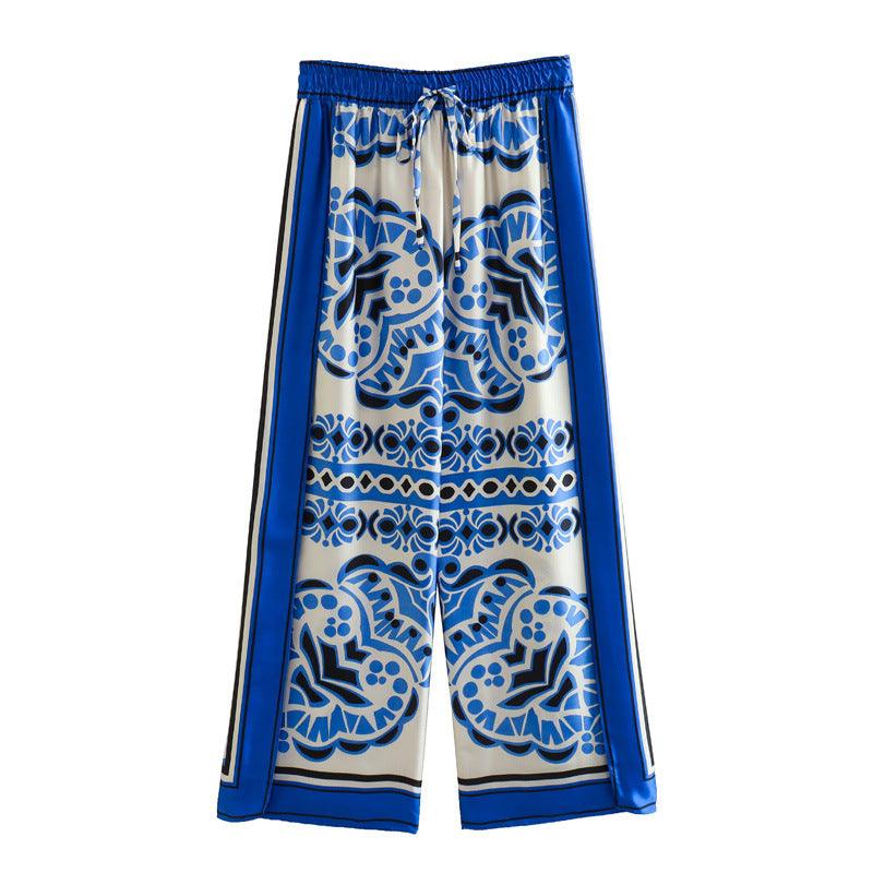 Spring New European And American Printing Drape Loose Shirt Elastic Waist Pajamas Wind Length Blouse And Pants - Trendha