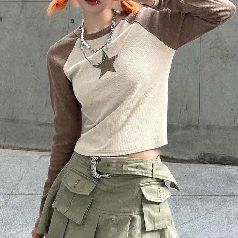 Stars Patchwork Long Sleeve T-shirts Women Slim Tops - Trendha