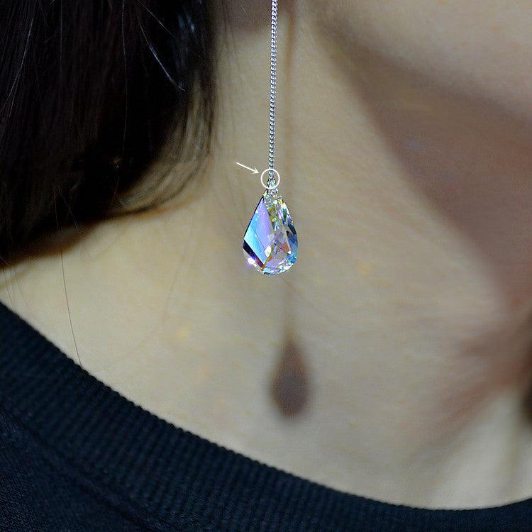 Sterling Silver Crystal Earrings Long Knob Drop - Trendha