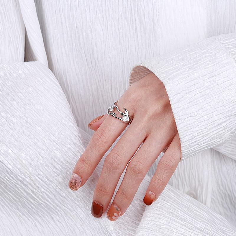 Sterling Silver Hollow Inlaid Zircon Irregular Ring - Trendha