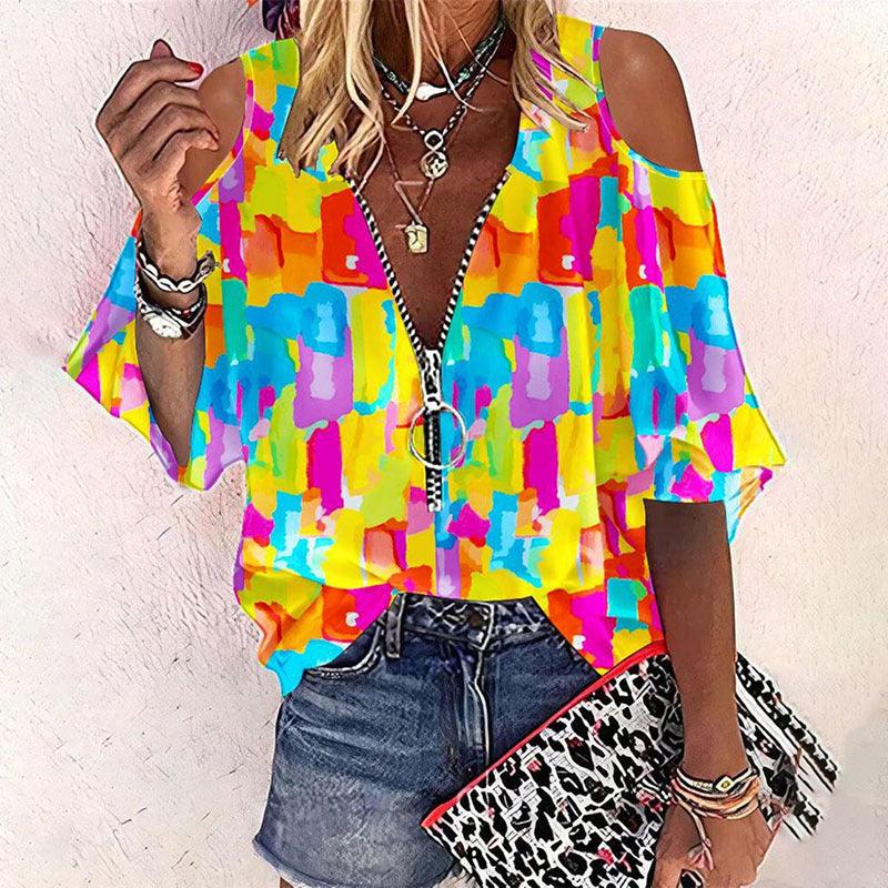 Summer New Fashion Printed Zipper V-neck Half Sleeve T-shirt For Women - Trendha