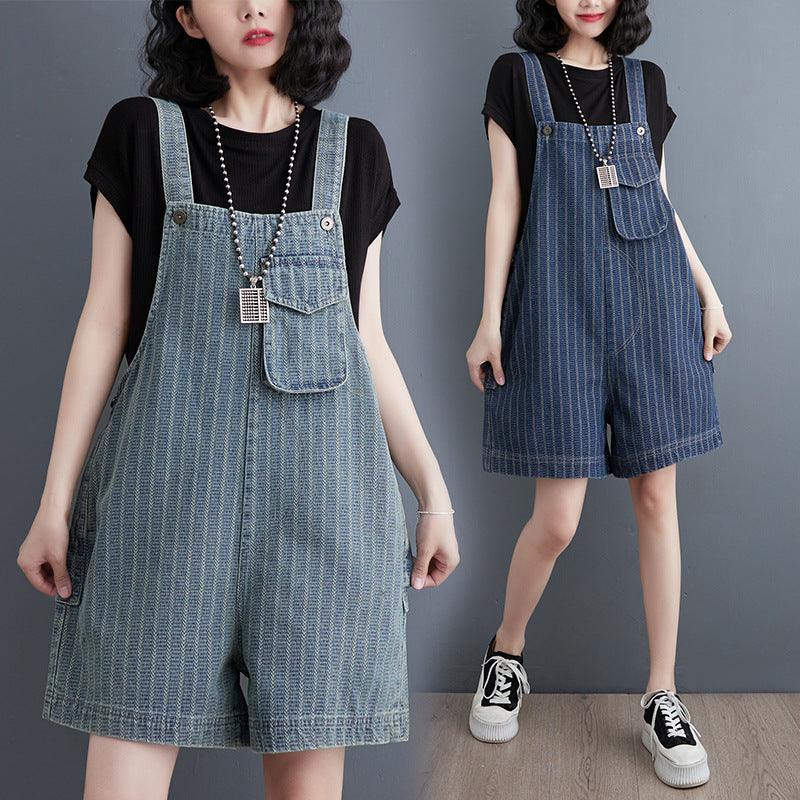 Summer New Large Vertical Stripe Denim Strap Shorts For Women - Trendha