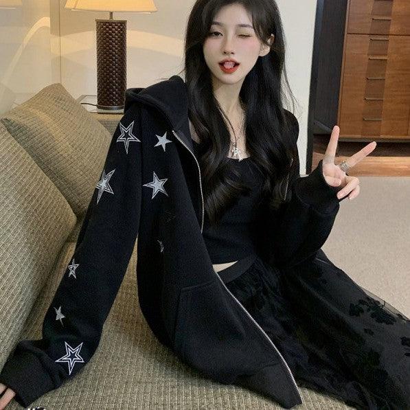 Sweet Cool Stars Embroidered Zipper Hooded Sweatshirt Jacket Female - Trendha