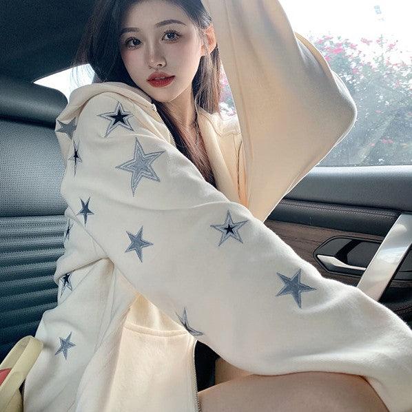 Sweet Cool Stars Embroidered Zipper Hooded Sweatshirt Jacket Female - Trendha