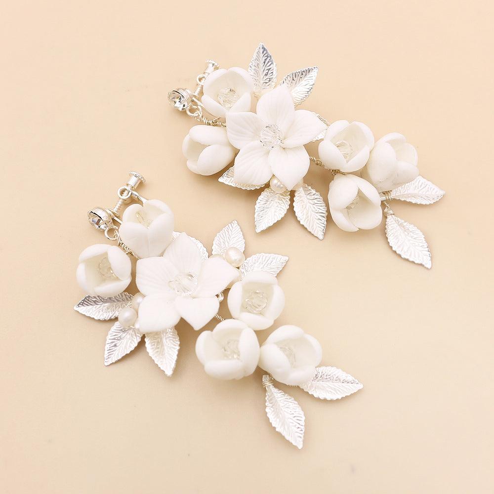 Temperament Simple White Ceramic Flower Bridal Earrings - Trendha
