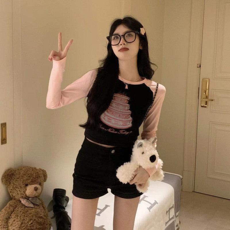 The New Spicy Fashion Slim Thin Short Round Neck Collar Collision Print Long-sleeved T-shirt - Trendha