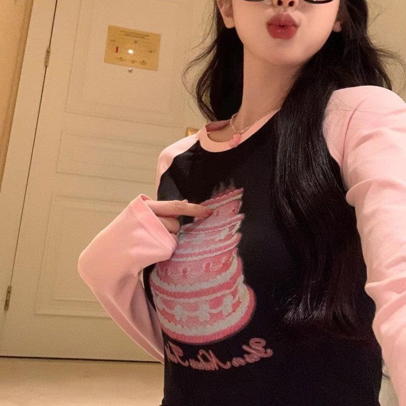 The New Spicy Fashion Slim Thin Short Round Neck Collar Collision Print Long-sleeved T-shirt - Trendha