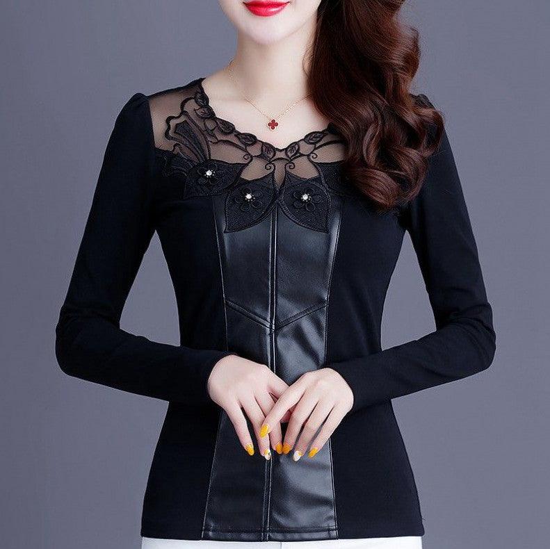 Top Long Sleeve Lace Splicing Blouse - Trendha