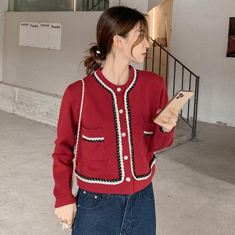 Top Women's Sweater Short Style Red Knitted Sweater Cardigan Coat - Trendha