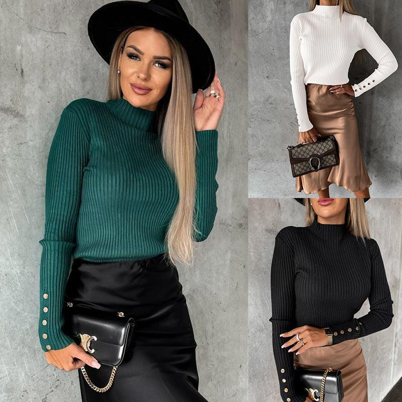 Turtleneck Striped Sweater Cuff Top - Trendha