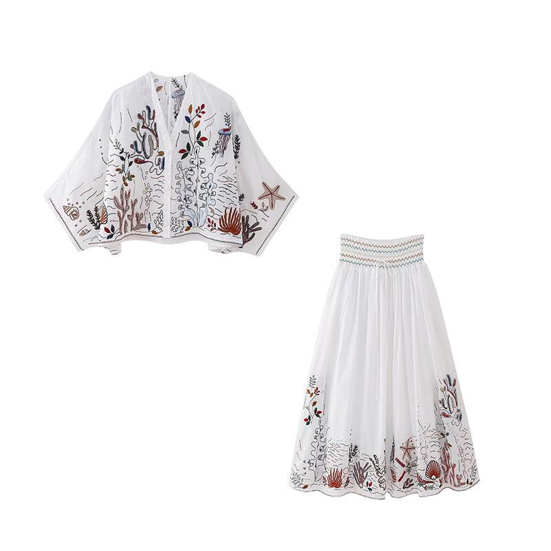 V-neck Embroidery Breasted Shirt High Waist Embroidery Skirt Suit - Trendha