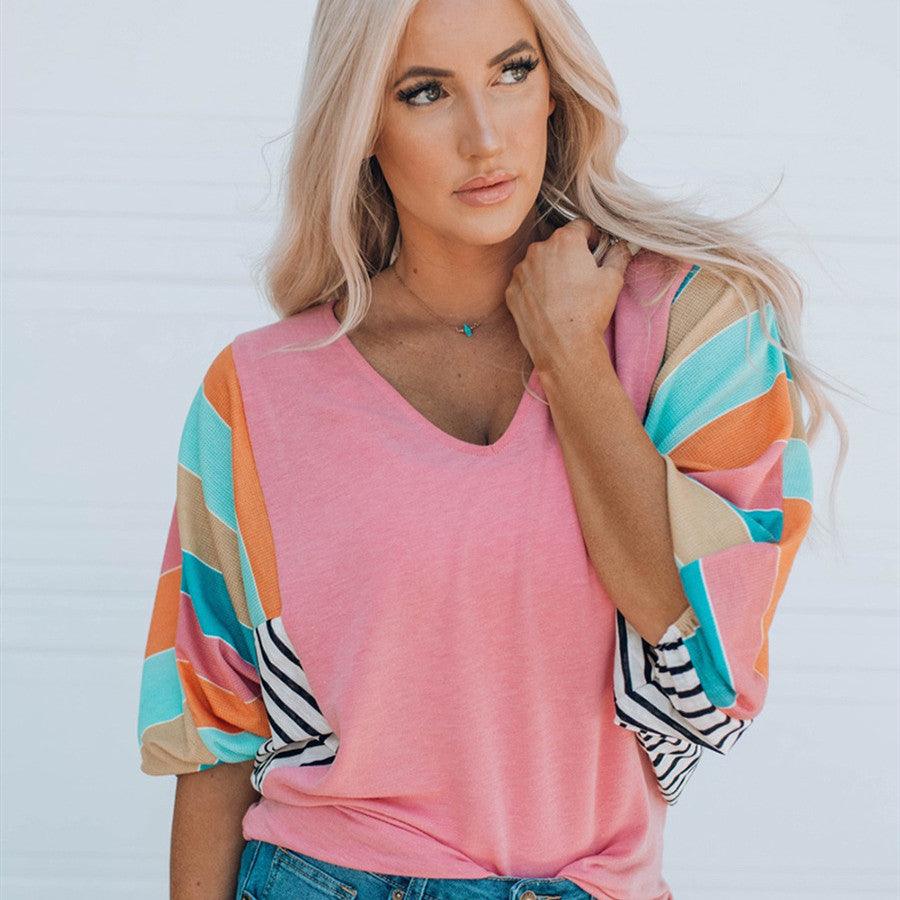 V-neck Pullover Contrast Stitching Short Sleeves Top - Trendha