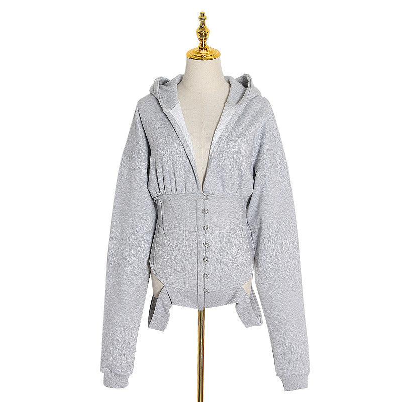 Versatile Long-sleeved Waist Fitting Hooded V-neck Top - Trendha