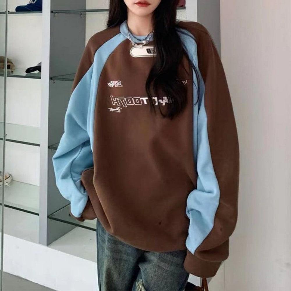 Vintage Hip Hop Splice Small Popular Loose Round Neck Sweater - Trendha