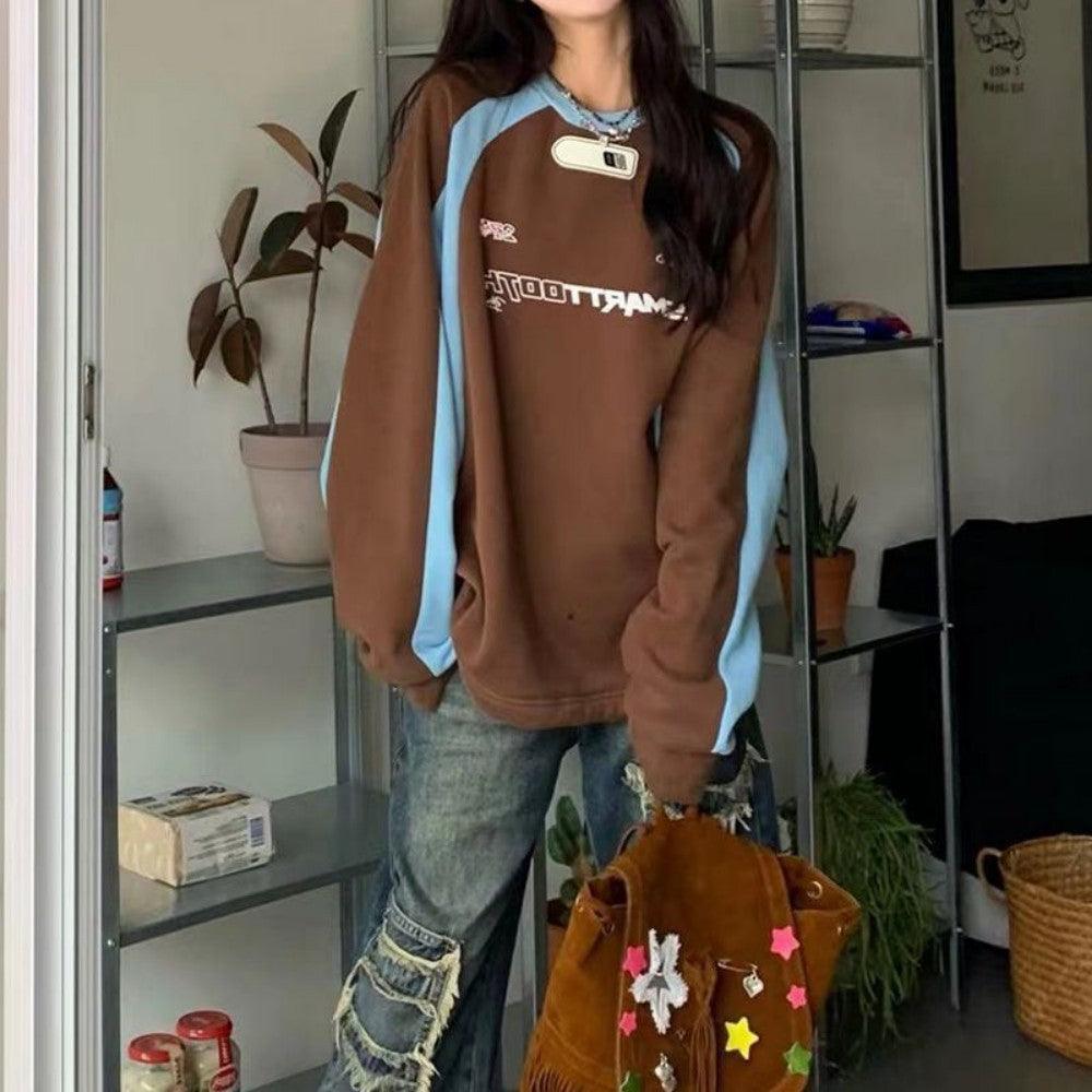 Vintage Hip Hop Splice Small Popular Loose Round Neck Sweater - Trendha